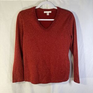 JM COLLECTION red glitter beaded long sleeve pullover sweater PM